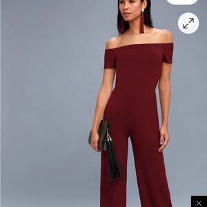 Lulus Elegant Off-Shoulder Burgundy Jumpsuit